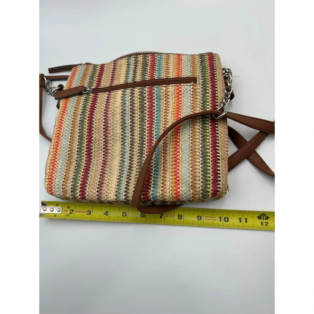 Rosetti Multi-Color Woven Straw Crossbody Bag Brown Faux Leather Strap B1040